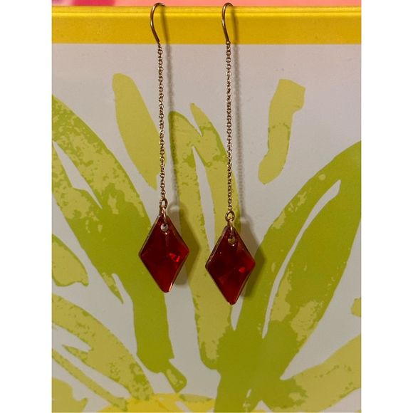 488. Gold filled threader earrings Austrian Crystal ￼Red Magma - Picture 1 of 6